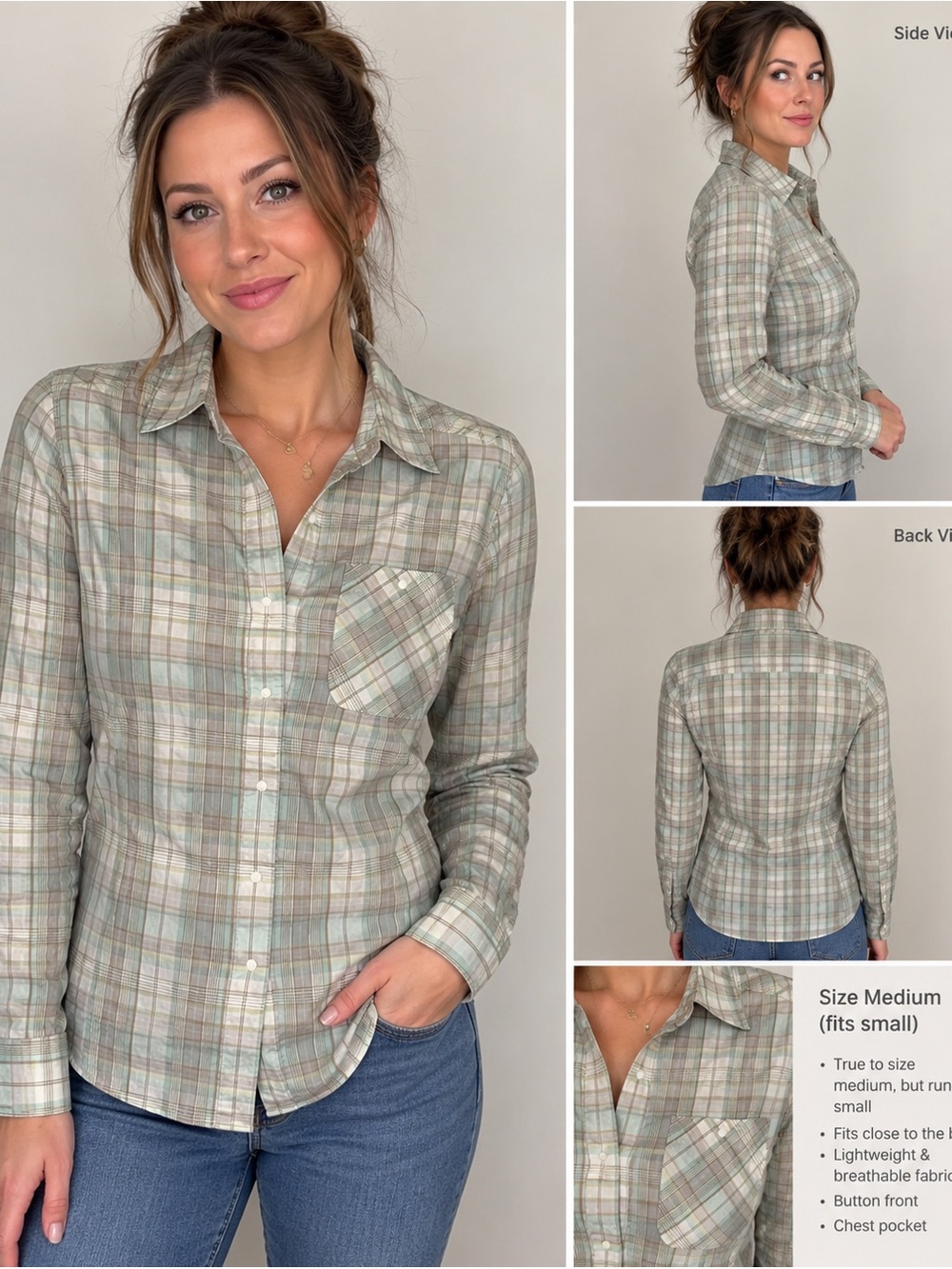 Patagonia Mint and Beige Plaid Button-Up Shirt